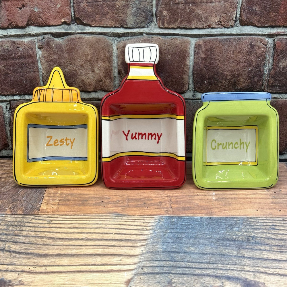 Hallmark Summer Condiment‎ Dishes Set of 3 Yummy Crunchy Zesty Ketchup Mustard